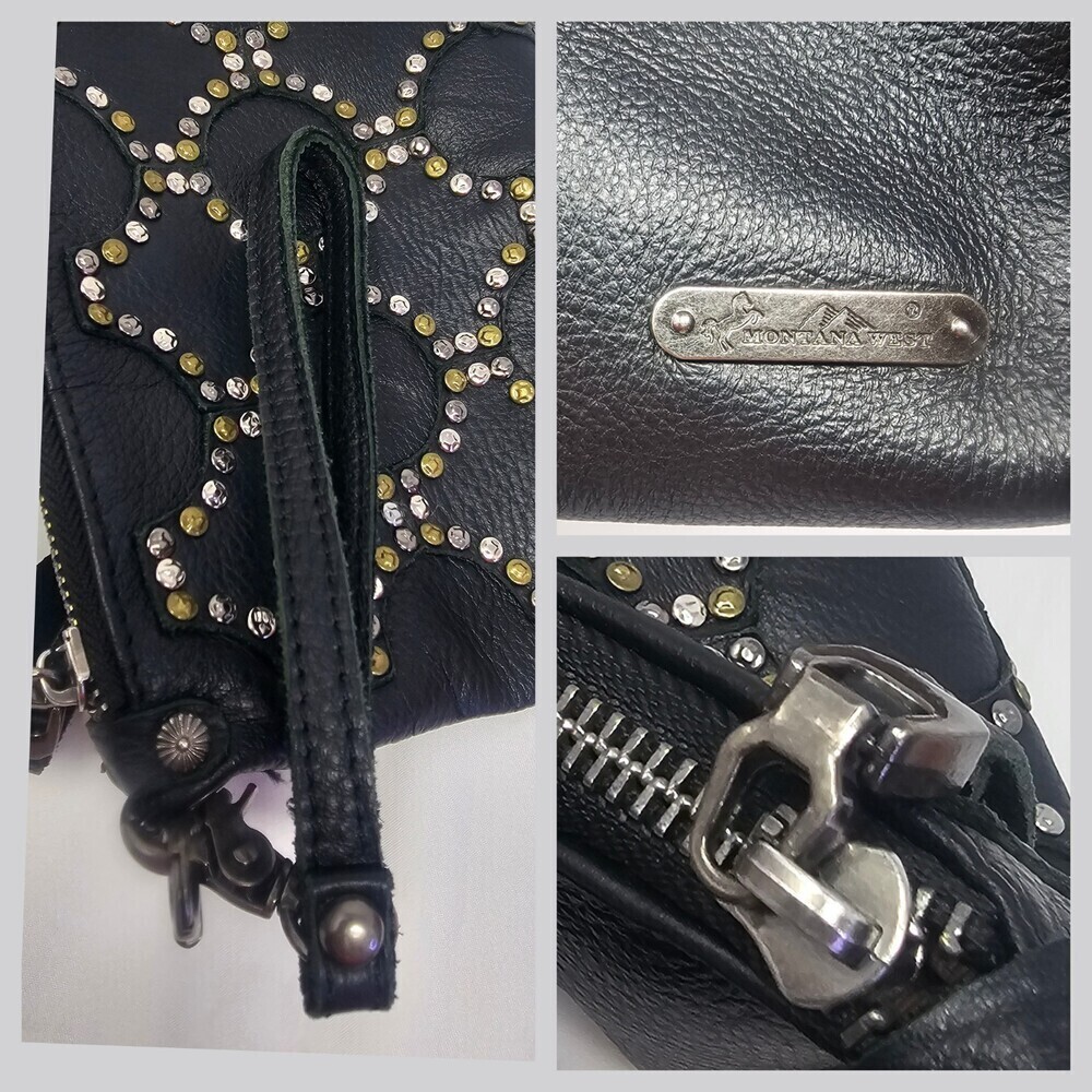 Montana West 100% Leather Studded Crossbody Wristlet Clutch Purse NEW 10"x6" - Picture 9 of 10